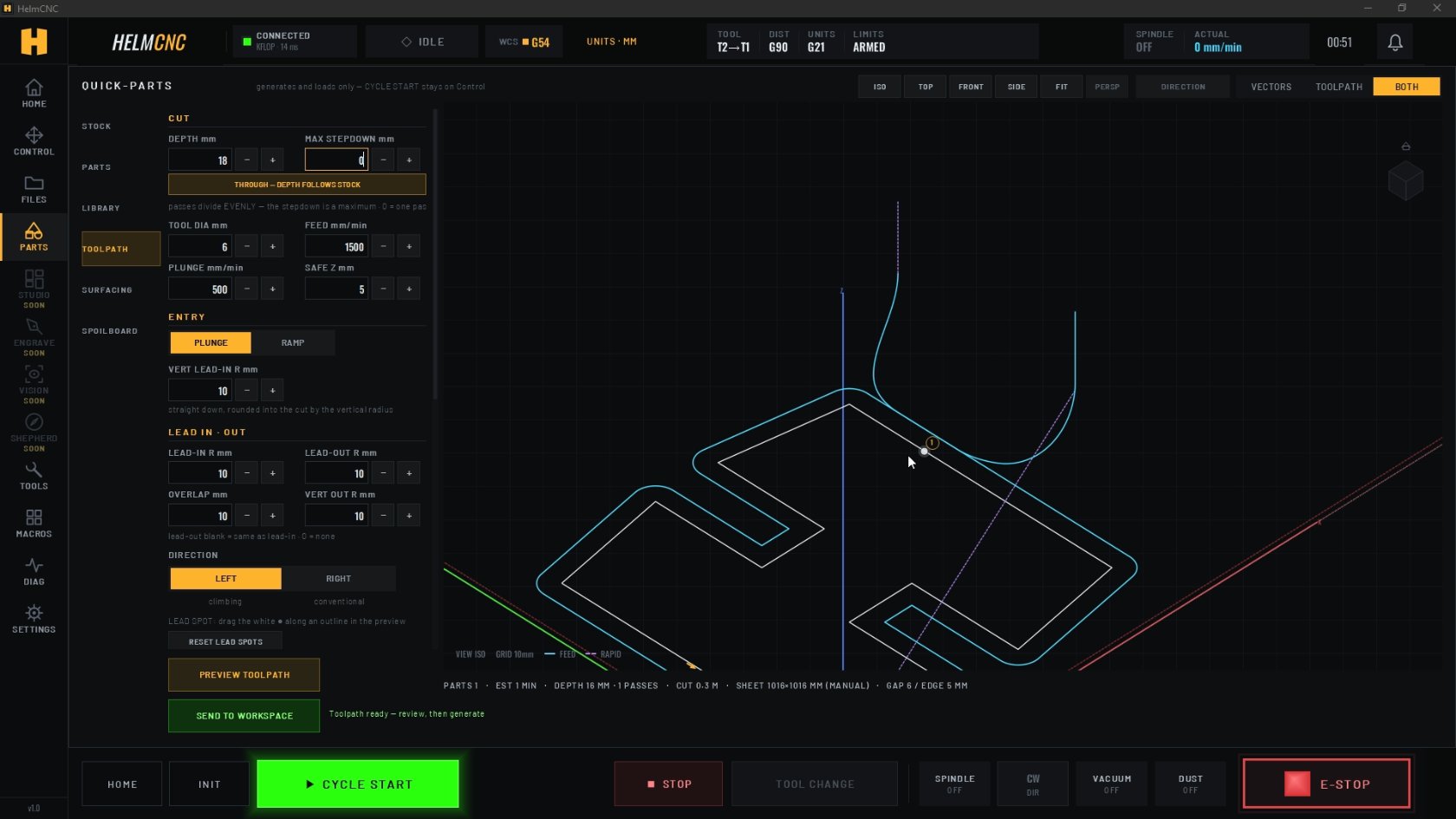The toolpath rendering and following the tool as it cuts